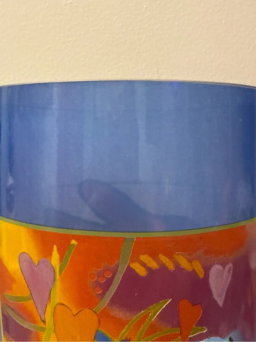 Goebel Blue Glass Vase with Multicolor Heart Motif signed MARA! 30cm tall
